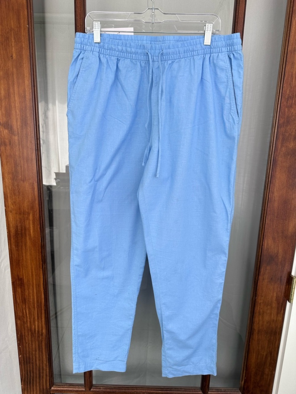 H&M Pants High Rise Wide Leg Linen‎ Blend Drawstring PANTS Women’s Blue Size L